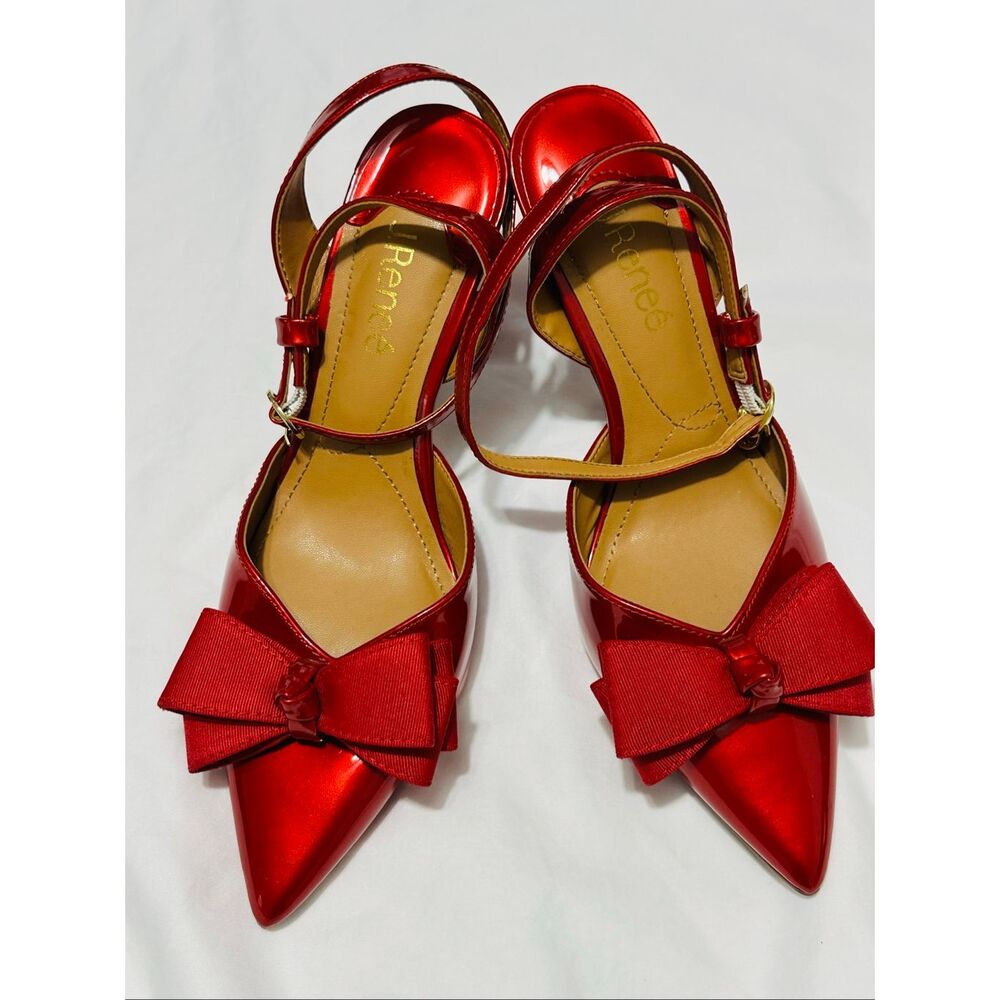 J. Renee Red heels with bows and ankle strap, size 7.5W A849